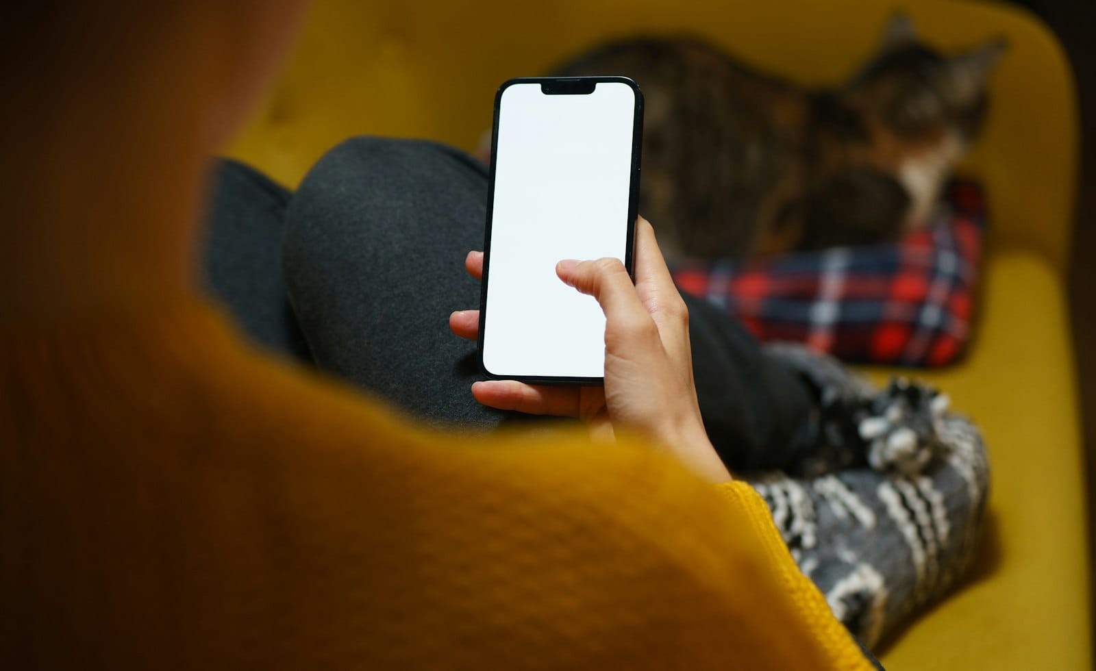 Hand holding a smartphone with a blank screen on a couch, ready to reset a social media feed.